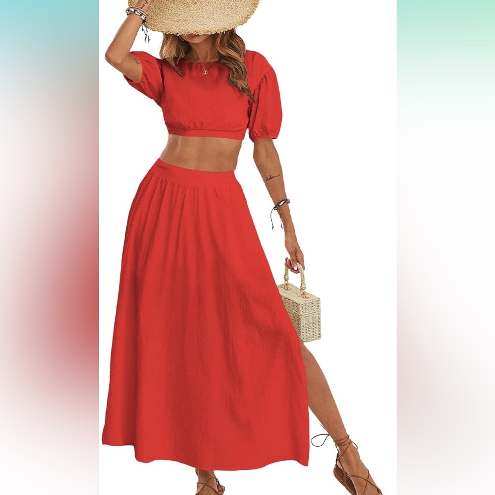 Petal and Pup 2 Piece Outfits Puff Sleeve Crop Top Flared Maxi Skirt Set